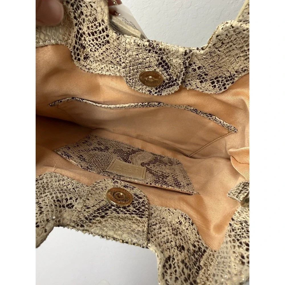 TMRW STUDIO Mateo Snakeskin Embossed Foldover Clutch Leather Tan Brown‎ Chic New
